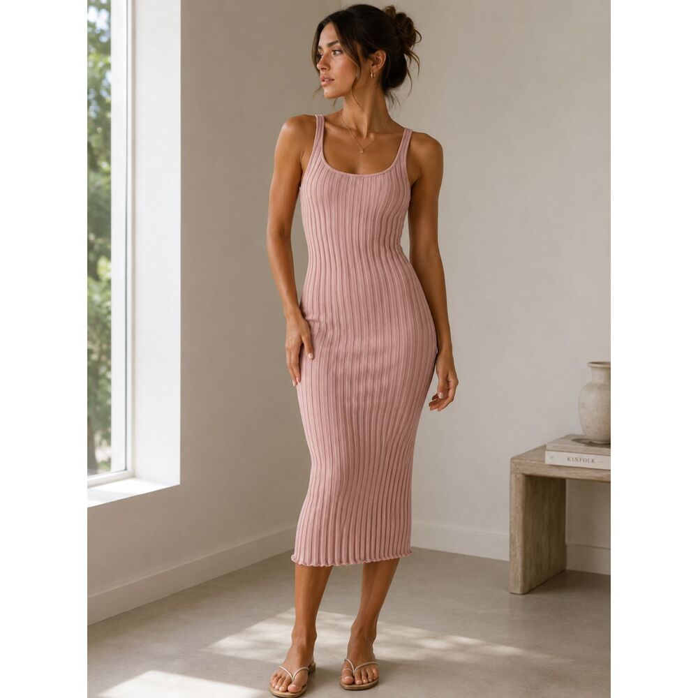 Anrabess Ribbed Knit Midi Dress Womens XL Pastel Pink Sleeveless Bodycon